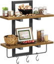 Floating Shelves for Wall Set of 2, Wood Wall Shelf with 6 Hooks, 2 Tier Hanging Decorative Storage Shelves for Living Room Bedroom Bathroom Kitchen Office Coffee Bar, Rustic Brown