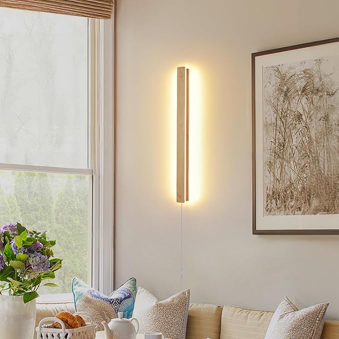 Modern Plug in Wall Sconces, 23.6 inch Faux Wood Texture Finish LED Long Wall Lights, 12W Warm White 3000K Acrylic Indoor Wall lamp,with 59