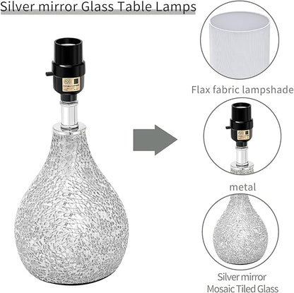 Modern Table Lamps Set of 2, Mirror Silver Gourd Design Mosaic Tiled Glass 17.5" Bedside Lamp, for Bedroom Living Room and Office Desk Nightstand Table Lamp
