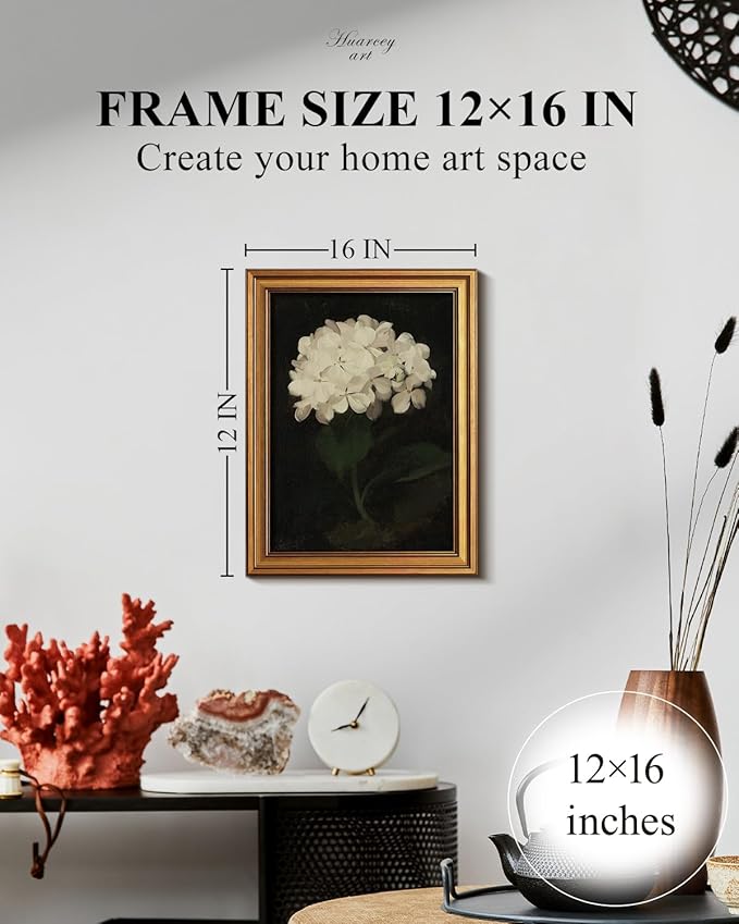 HUARCEY Gold Framed Vintage Wall Art for Living Room, Flowers Painting Canvas Prints Shelf Decor for Kitchen, Aesthetic Bedroom Wall Art, Christmas Gifts for Friends Family (White Hydrangea 12