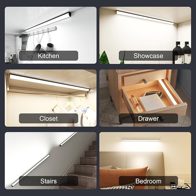 Under Cabinet Lighting Wireless with Remote,Rechargeable Battery Operated Closet Lights,3 Color Magnetic Dimmable led Strip Lights,Under Counter Lights for Kitchen,Shelf,Bedroom (Black-2PCS, 60cm)