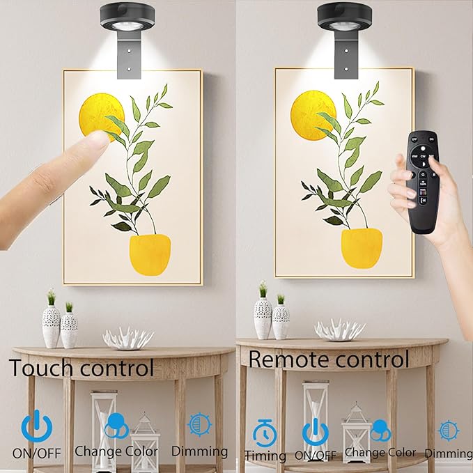 3Pcs Picture Lights for Wall, 16 Lighting Modes Magnetic Art Display Light for Paintings with Remote Control Dimmable & Timer, Wireless Wall Decor Puck Light, Black