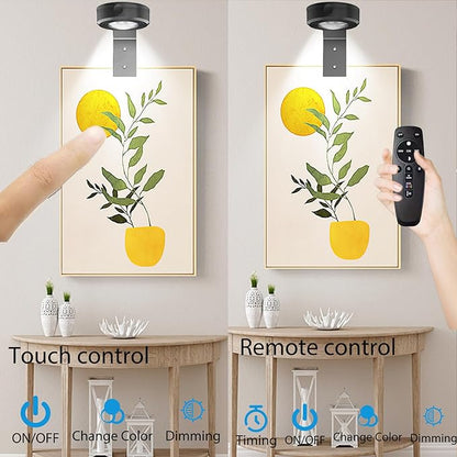 3Pcs Picture Lights for Wall, 16 Lighting Modes Magnetic Art Display Light for Paintings with Remote Control Dimmable & Timer, Wireless Wall Decor Puck Light, Black