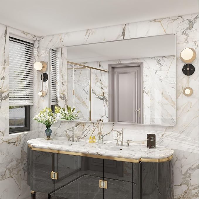 Brushed Nickel Bathroom Mirror 77x36 Inch, Brushed Silver Metal Frame Mirror Wall Mounted, Rounded Rectangle Bathroom Vanity Mirror, Tempered Glass, Anti-Rust, Horizontal/Vertical