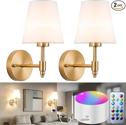 Battery Operated Wall Sconces Set of Two, Rechargeable Wireless Wall Lights with 10000mAh RGB Dimmable Detachable Bulb, Battery Sconces Wall Decor with Remote for Bedroom Living Room Hallway