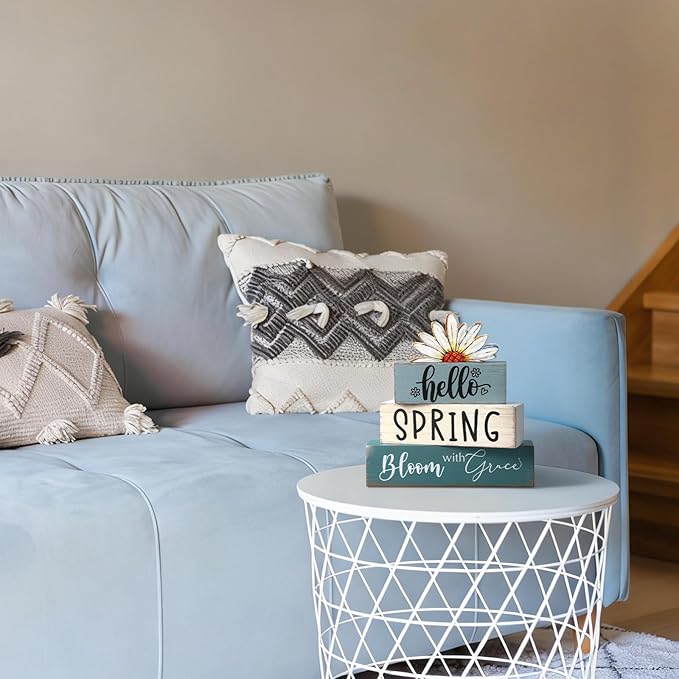 Amyhill Hello Spring Decoration Easter Home Decoration Daisy Table Wooden Sign Spring Easter Centerpiece Pastel Wooden Block for Farmhouse Shelf Office Tabletop Decor