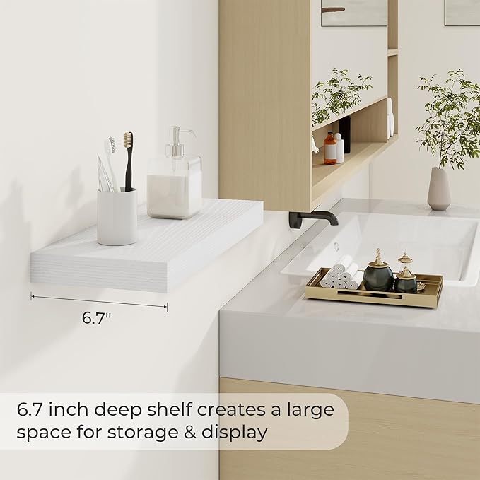 Dreamland 20 Inch Long Floating Shelves in White,6.7 Inch Deep Floating Shelf for Wall,Large Display & Storage Shelf, Wall Shelf for Bathroom Bedroom Living Room Kitchen Office，Set of 2