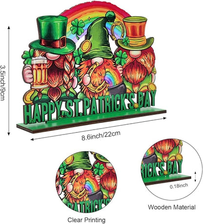 St Patricks Day Decor for Table Irish Green Gnome Decoration Wooden Centerpieces Rustic Farmhouse Sign for Tabletop Home Shelf Office St Patricks Day Party Decoration