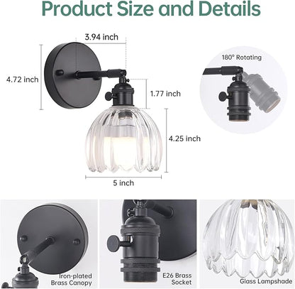 Vintage Battery Operated Wall Sconce with Transparent Tulip Glass Lampshade Rechargeable Battery Powered Black Wall Light with Remote Control for Bedside Bedroom Doorway, Set of 2