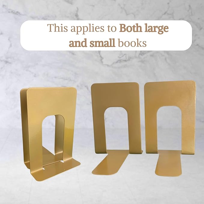 Alessk 6 Pieces Dark Matte Gold Bookends for Shelves, Heavy Duty Metal Bookends Supports Heavy Books, Decorative Gold Stops for Home or Office Decoration - 3 Pairs.