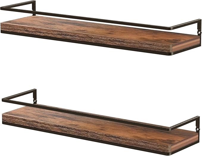 Meangood Floating Shelves Wall Mounted Set of 2, Rustic Wood Wall Storage Shelves for Bedroom,Living Room,Bathroom, Kitchen Rustic Brown
