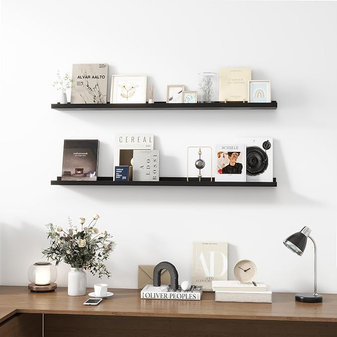 Picture Ledge Shelf, Wood Long Floating Shelves for Wall, Set of 2, 48 inch Picture Ledge Shelves, Photo Ledge Nursery Book Shelves Wall Mounted for Living Room Kids' Room Bedroom, Color Black