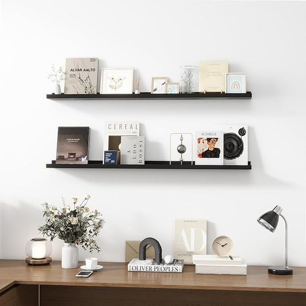 Picture Ledge Shelf, Wood Long Floating Shelves for Wall, Set of 2, 48 inch Picture Ledge Shelves, Photo Ledge Nursery Book Shelves Wall Mounted for Living Room Kids' Room Bedroom, Color Black