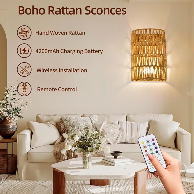 Battery Operated Wall Sconce Set of Two, Rattan Rechargeable Wall Sconces Set of 2, Boho Battery Wall Lights with Remote, Wall lamp for Bedroom,Living Room, Entryway 15 Colors Dimmable