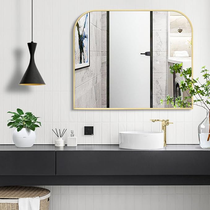 Modern Large Wall Mirror, Modern Mantel Minimalist Home Decor, Brushed Gold Metal Framed Arched Mirror for Living Room, Bedroom, Fireplace, Mantle, Entryway, Bathroom, 36