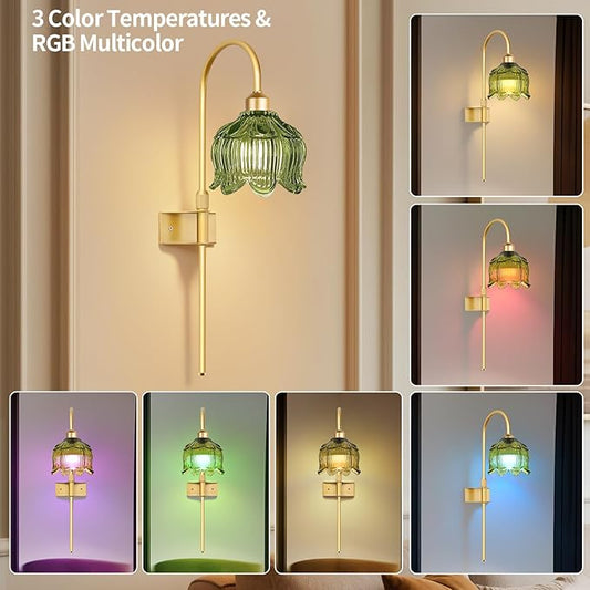 Glass Battery Operated Wall Sconces Set of Two,Wireless Flower Battery Wall Light with 5000mAh RGB Dimmable Bulb and Remote, Rechargeable Wall Lamp Sconce for Bedroom Living Room Hallway