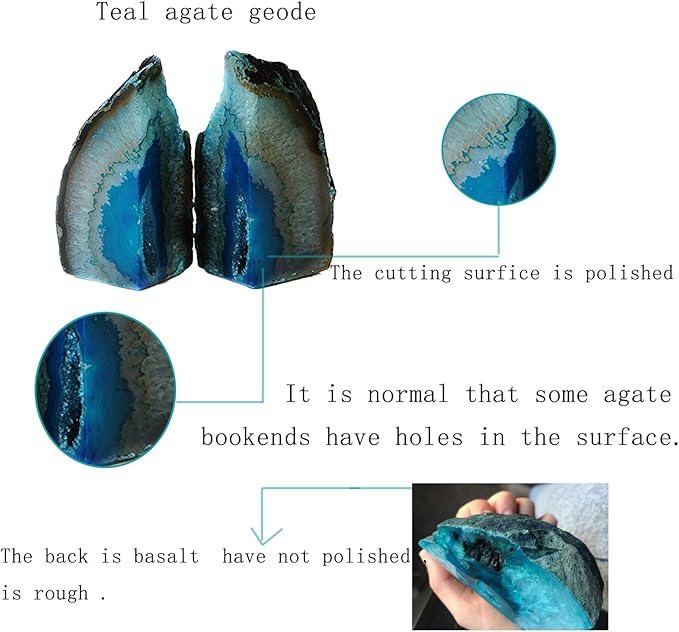 JIC Gem Teal Agate Bookends Geode Book Ends for Bookshelf Decor Decorative Bookends for Shelves Unique Cute Teal Decor with Rubber Bumpers (1 Pair, 3-4 Lbs)