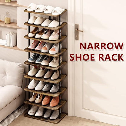 AZERPIAN Shoe Rack 9 Tier Vertical Storage Organizer Double Row Narrow Metal Slim Shelf Modern Free Standing Shoe Tower Saving Space for Closet Entryway Bedroom,Black+Rustic Brown
