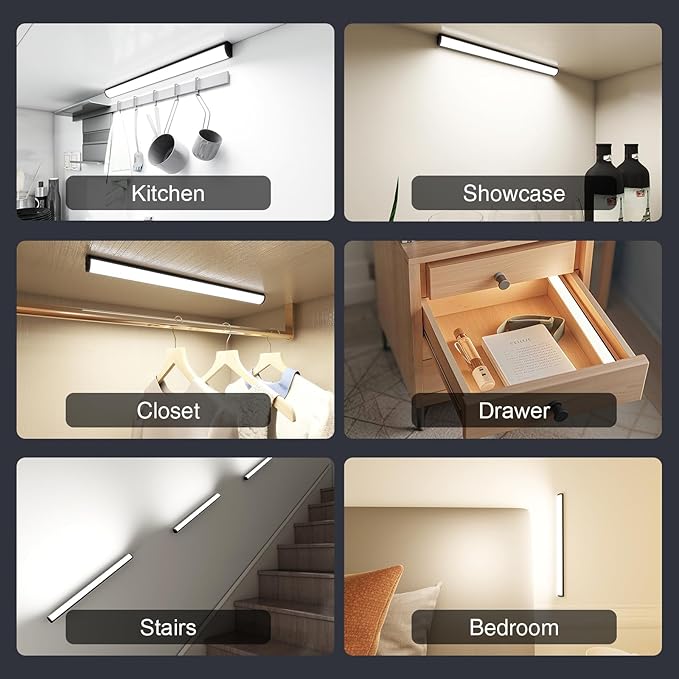 Under Cabinet Lighting Wireless with Remote,Rechargeable Battery Operated Closet Lights,3 Color Magnetic Dimmable led Strip Lights,Under Counter Lights for Kitchen,Shelf,Bedroom (Black-2PCS, 30cm)
