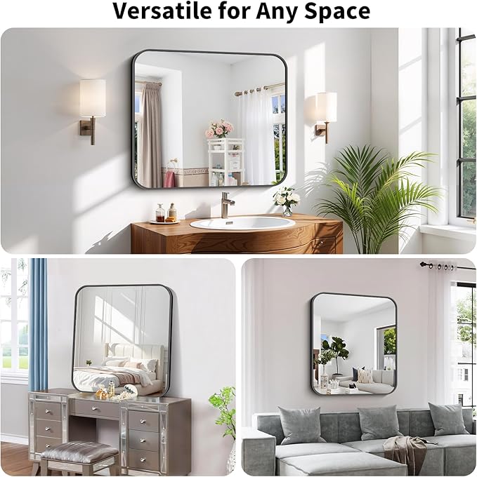 Koonmi Black Framed Bathroom Mirror - 30x36 Inch Shatterproof Tempered Glass Vanity Mirror for Bathroom Sink, Wall Mounted with Matte Aluminum Alloy Frame, No Distortion, Modern Decor