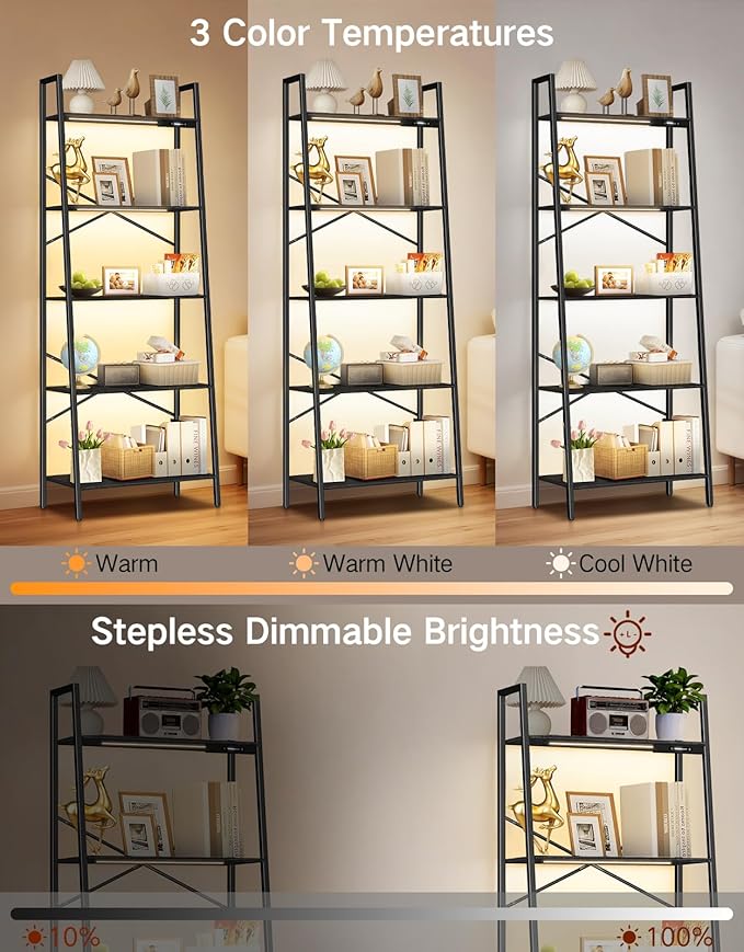 5-Tier Wide Ladder Shelf with LED Lights, Touch & Remote Control, 3 Color Temperatures, Dimmable Tall Corner Standing Bookcase, Metal Wood Display Shelf for Living Room, Bedroom(Black)