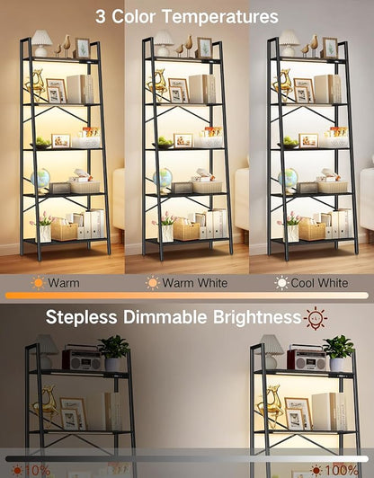 5-Tier Wide Ladder Shelf with LED Lights, Touch & Remote Control, 3 Color Temperatures, Dimmable Tall Corner Standing Bookcase, Metal Wood Display Shelf for Living Room, Bedroom(Black)