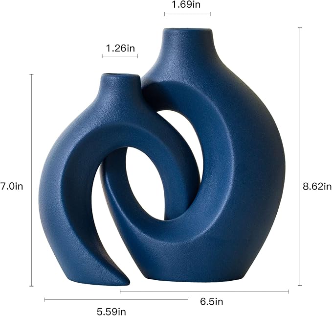 Snuggle Hollow Ceramic Vase Set of 2, Nordic Modern Boho ins Style Ceramic Aesthetic Flower Vases for Home Decor Living Room Coffee Table Decorative (Matte Navy Blue W 6.3