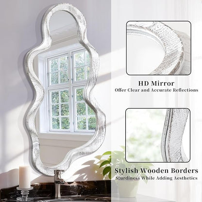 Large Asymmetrical Wall Mirror Irregular Wood Frame Modern Unique Wall-Mounted Artistic Wavy Mirror Decor Bathroom Vanity Bedroom Living Room Entryway Hallway 120x55cm Natural