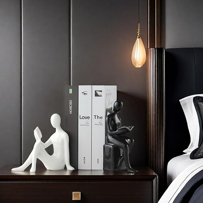 Home Decorative Reading Couple Statue Bookends Elegant Ceramic Bookshelf Room Office Desk Decor,Paper Weights, Book Ends,Bookend Supports, Book Stoppers, Set of 2 (Black and White)