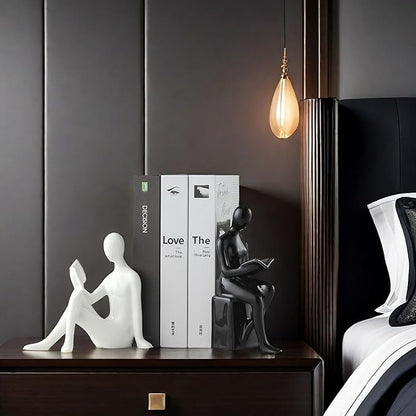 Home Decorative Reading Couple Statue Bookends Elegant Ceramic Bookshelf Room Office Desk Decor,Paper Weights, Book Ends,Bookend Supports, Book Stoppers, Set of 2 (Black and White)