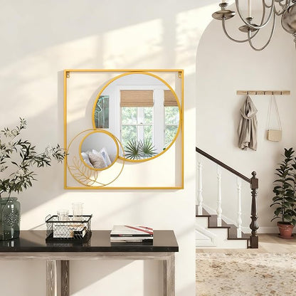 Gold Wall Mounted Mirror Set, Golden Metal Framed Square Mirror Modern Art Mirrors for Bedroom Living Room Bathroom 24x24 Inch Decor