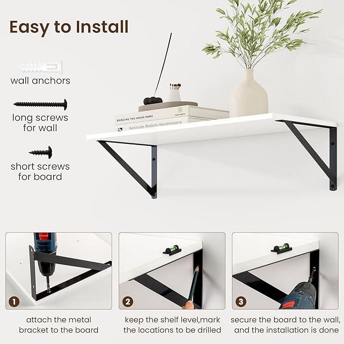 Fun Memories Deep Floating Shelves for Wall, 24W x 8D Wall Mounted Shelves Set of 2, Wide Display Ledge Shelf with Sturdy Metal Brackets for Living Room, Bathroom, Bedroom and Kitchen, White
