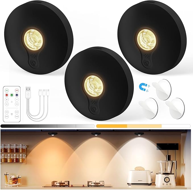 Yiliaw Rechargeable Puck Lights with Remote, 3 Pack Magnetic Under Cabinet Lighting, 1500mAh Battery Operated LED Tap Lights with Dimmer & Timmer for Kitchen, Closet, Shelf - 3 Color Temps, Black