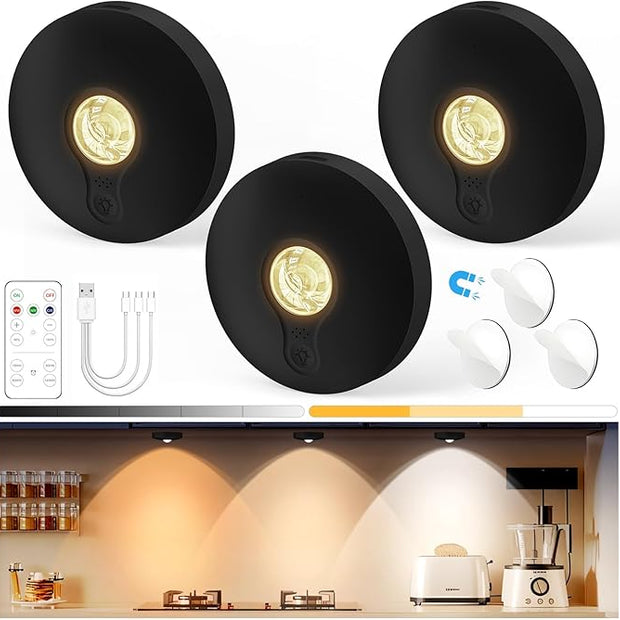 Yiliaw Rechargeable Puck Lights with Remote, 3 Pack Magnetic Under Cabinet Lighting, 1500mAh Battery Operated LED Tap Lights with Dimmer & Timmer for Kitchen, Closet, Shelf - 3 Color Temps, Black