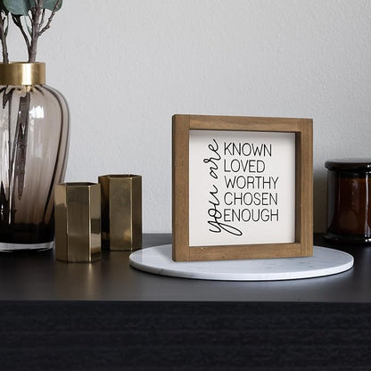 flangairy You Are Known Loved Worthy Chosen Enough Inspirational Sign, 6 Inch Wooden Positive Affirmations Wall Art Decor, Office Bedroom Bathroom Table Shelf Home Decorations