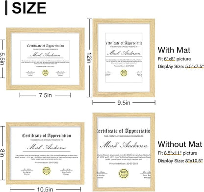 Vittanly 8.5x11 Picture Frames Set of 9, Shatter Resistant Plexiglass, Display 6x8 Pictures with Mat or 8.5x11 without Mat, Photo Frames for Wall or Tabletop, Engineered Wood, OAK