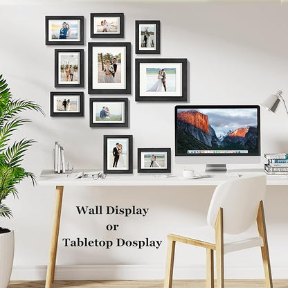 Picture Frames, Made of Real Glass and Wooden Frame, Gallery Photo Frames Set of 10 for Collage Wall Decor, Multi Sizes Including 8x10, 5x7, 4x6 for Mounting or Tabletop Display, Black
