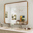LOAAO 40X36 Inch Bathroom Mirror with Wood Grain Colored Metal Frame, Rounded Rectangle Metal Framed Bathroom Mirror, Anti-Rust, Hangs Horizontally or Vertically, Tempered Glass