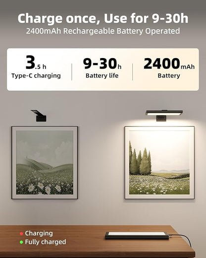 EZVALO Picture Light for Wall, Rechargeable 2400mAh Battery Lights Wireless Remote, 3 Color & Dimmable Magnetic 7.87'' LED Lights Display for Painting, Living Room, Gallery, Bedroom(Black-2P)