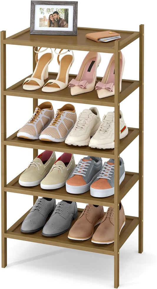 Smiry Bamboo Small Shoe Rack, 5 Tier Shoe Organizer for Entryway & Closet, Stackable Free Standing Storage Shelf for Shoes, Bags & Plants, Walnut