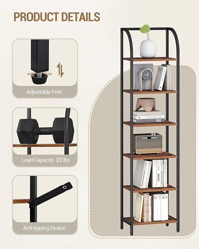 Bookshelf Narrow Bookcase, Tall Storage Rack with Steel Frame, Display Standing Shelf Unit, Skinny Book Shelf for Study Living Room Home Office, Industrial Style, 6-Tier Rustic Brown BC56401B