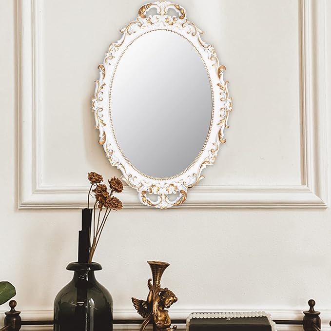2 Pack - Vintage Decorative White Framed Mirror, Wall Hanging Mirrors & Tabletop Tray for Bedroom Living Room Dresser Decor, Oval- 9.6