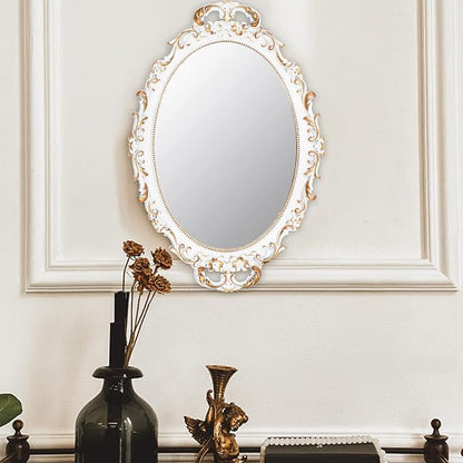 Vintage Decorative White Framed Mirror, Small Oval Wall Hanging Mirror - 9.6" W x 14.3" L (White)