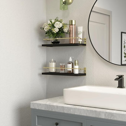 RICHER HOUSE Bathroom Floating Wall Shelf Set of 2 - Guard-Rail Small Wood Shelves for Decor, Over Toilet Storage, Kitchen Organizer - Black Gold