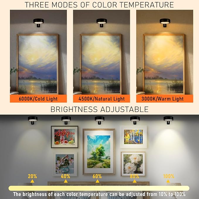 4 Pack Black Battery Operated Picture Light, Wireless Picture Lights for Wall with Remote Dimmable Timer, Lighting Modes Pictures Frame Light for Artworking,Magnetic Painting Lights Wall Decor