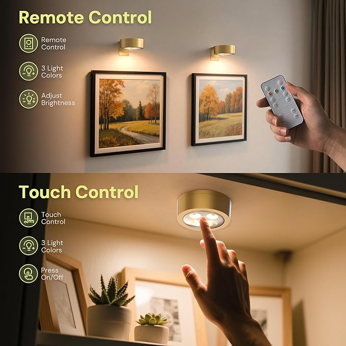 L LOHAS LED Gold 3Pcs Battery Operated Picture Light, Magnetic LED Painting Light with Remote, Dimmable and Timer, Art Display Light for Picture Frame Paintings, Wireless Wall Decor Puck Lights, 3CCT