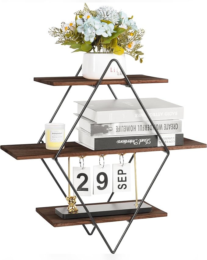 Modern Wooden Floating Wall Shelf Decor for Wall Storage – Geometric Design Decorative Wall Mount 3-Tier Hanging Shelf Plant Display for Bedroom, Living Room, Bathroom, Kitchen