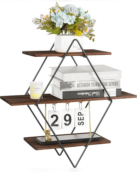 Modern Wooden Floating Wall Shelf Decor for Wall Storage – Geometric Design Decorative Wall Mount 3-Tier Hanging Shelf Plant Display for Bedroom, Living Room, Bathroom, Kitchen