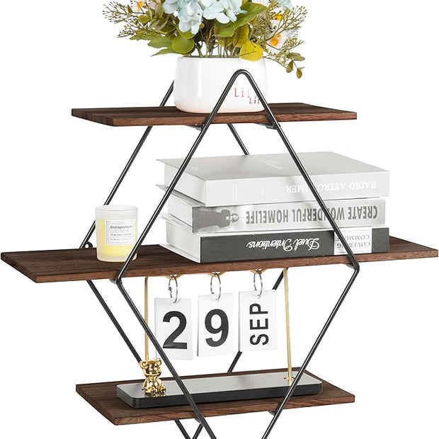 Modern Wooden Floating Wall Shelf Decor for Wall Storage – Geometric Design Decorative Wall Mount 3-Tier Hanging Shelf Plant Display for Bedroom, Living Room, Bathroom, Kitchen