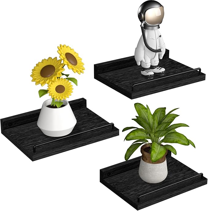Small Floating Shelf, 6X9 Inches Farmhouse Wall Shelves for Living Room, Bedroom, Picture Frames, Plants, Kitchen, Set of 3 (Black)